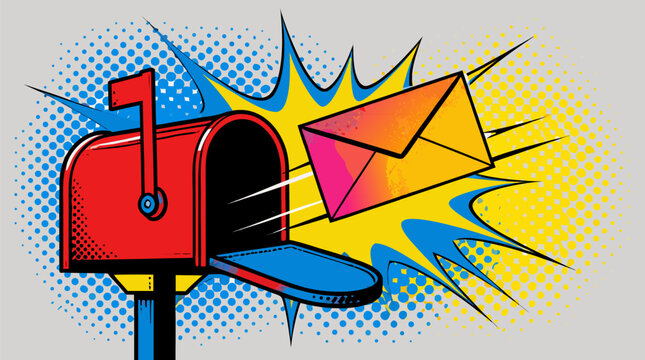 Pop art red mailbox launching a bright envelope from an open door, vivid halftone burst and comic speed lines, flat vector mail marketing illustration for newsletters delivery and messaging