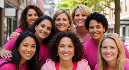 Fototapeta premium Diverse group of happy women wearing pink shirts posing together in a bright outdoor city street