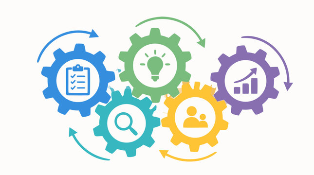 Colorful interlocking gears forming a rotating workflow with checklist, idea, search, team and growth icons, flat vector illustration of business process automation and teamwork strategy