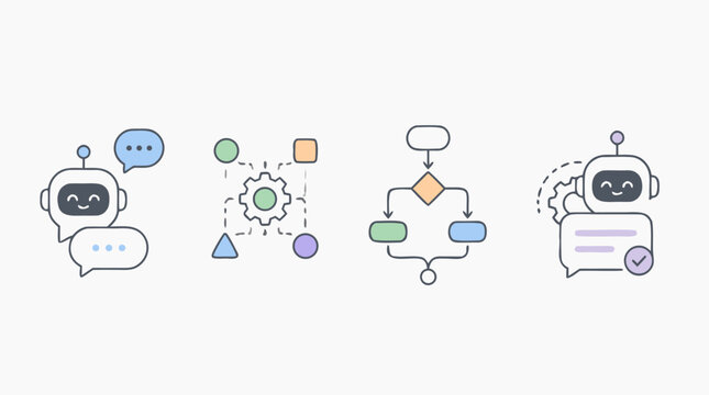 Conversational chatbot line icon set with friendly bot, speech bubbles, intent recognition, dialogue flow, automation gear and verified reply, editable vector graphics for AI support interfaces