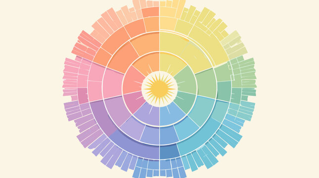 Radial sunburst infographic with nested data categories, concentric rainbow rings, segmented hierarchy chart, no text, clean flat vector analytics dashboard template