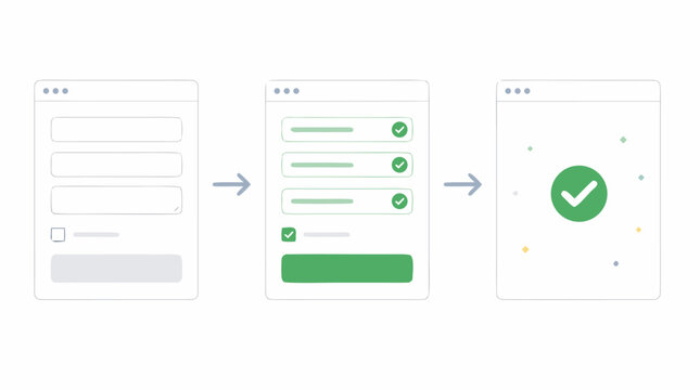Form submission flow diagram with blank input fields, validation checkmarks, progress arrows and confirmation success tick, clean green UI web form workflow vector illustration