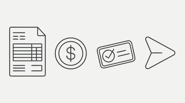 Editable stroke invoicing line icon set with billing document, dollar coin, approved payment stamp and send arrow, clean finance vector symbols for accounting apps, invoices and business workflows