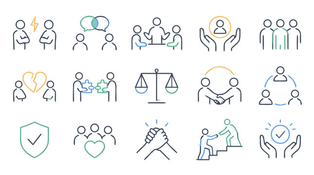 Minimalist conflict resolution line icon set with mediation, negotiation, trust, teamwork, fair balance scales, handshakes and support symbols in editable flat vector stroke style for resilient teams