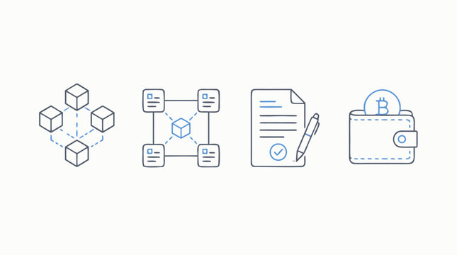 Blockchain thin line icon set showing distributed ledger cubes, smart contract document, connected nodes and crypto wallet with bitcoin coin, editable stroke vector for fintech products