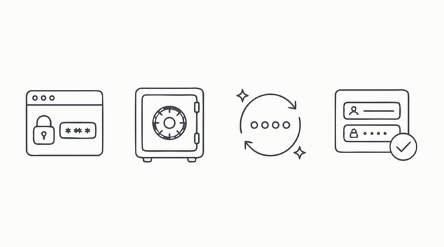 Minimalist password manager line icon set with secure login window, digital vault safe, password generator sync arrows and autofill verification, editable stroke cybersecurity UI vector illustration