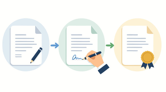 Contract signing process infographic showing draft document, hand signature step and sealed final agreement with arrows, clean flat vector illustration for legal workflow and business approval