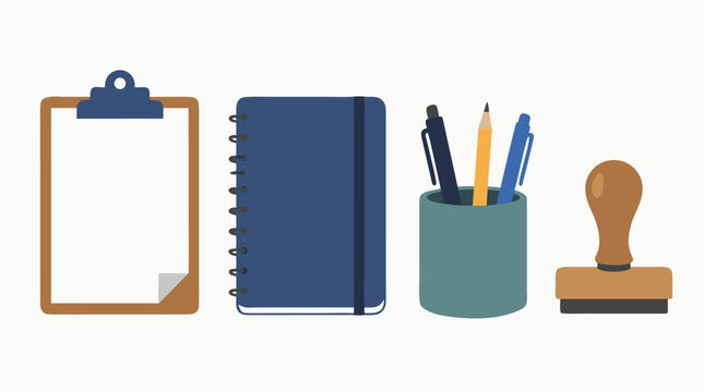 Modern office stationery icon set featuring blank clipboard, spiral notebook, pencil cup with pens and classic rubber stamp, clean flat vector tools for paperwork and administration