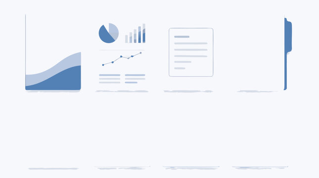 Minimal report builder template icons showing cover page, analytics chart insert, summary text block, appendix tab and blank document cards, clean blue flat vector business layout kit