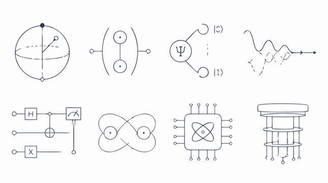 Quantum computing thin line icon collection showing Bloch spheres, gates, wave functions, entanglement, qubits and cryogenic processor hardware for scalable science technology vector design