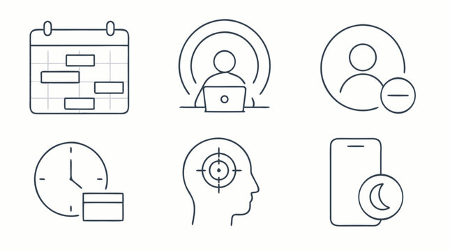 Clean thin line time management icon set featuring calendar time blocking, deep work laptop focus, do not disturb profile, clock schedule, target mind and night mode vector toolkit
