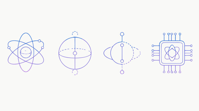 Quantum computing thin line icon set with atom orbitals, qubit sphere, superposition states and quantum processor chip, editable stroke vector symbols for advanced technology research interfaces