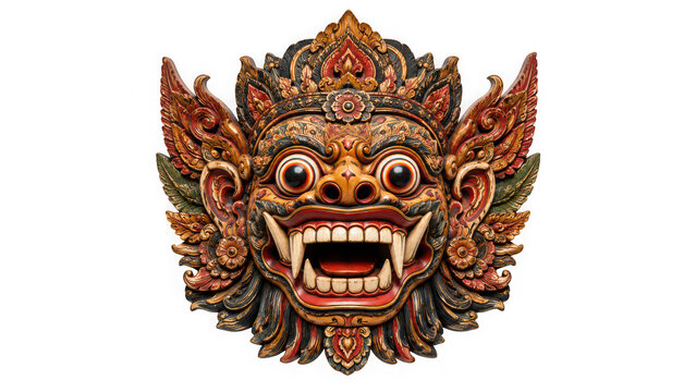 Traditional balinese ornamental carved mask isolated on transparent background
