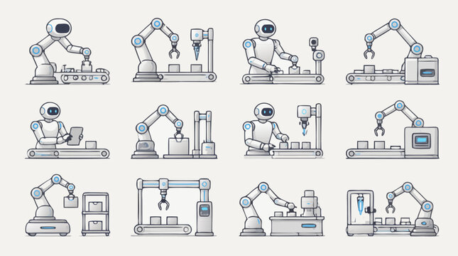 Collaborative robot assembly line icon set with cobots, conveyor workstations, robotic arms, smart manufacturing cells and editable vector strokes for industrial automation layouts