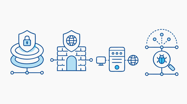 Network security rounded line icon set showing layered shield protection, firewall gateway, proxy server, connected globe and intrusion detection bug scan, editable vector outline symbols