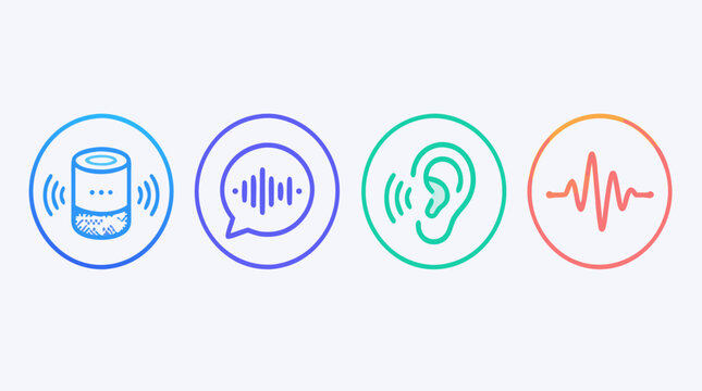 Voice assistant rounded line icon set with smart speaker, speech bubble waveform, listening ear, wake word signal and audio wave symbols in vibrant editable gradient vector icon style
