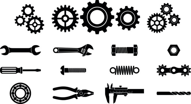 Industrial Mechanical Tool and Gear Silhouette Set for Construction, Engineering, Machine Maintenance, Repair Workshop Graphic Designs, and Technical Blueprints
