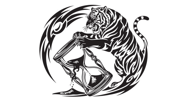 Black and white artistic illustration of a tiger intertwined with a human face and abstract design elements.