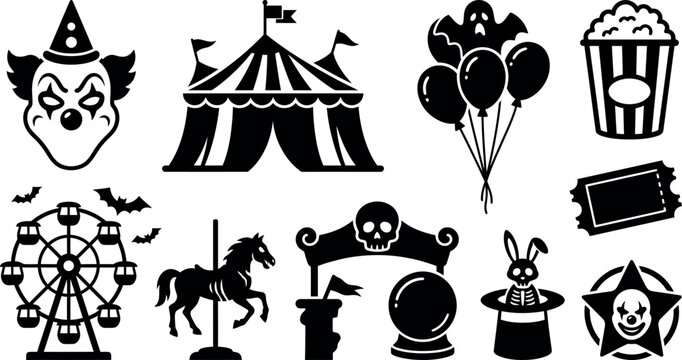 A detailed vector illustration featuring Halloween symbols like pumpkins, bats, and spooky icons in a festive style.