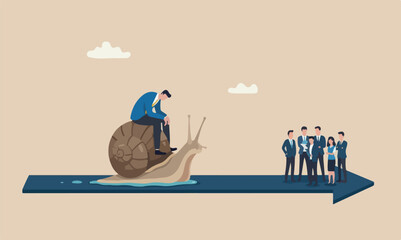 Slow industrial businessman meeting teams together riding snail slow walking on arrow to reach target © Mst Amina