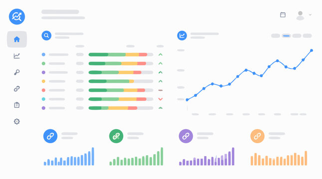 SEO analytics dashboard vector mockup with keyword ranking bars, traffic growth line chart, backlink statistic tiles and clean web interface for marketing reports and search performance insights