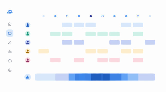 Team availability dashboard vector with calendar schedule grid, colorful employee capacity blocks, blue utilization heat strip and clean workforce planning interface for resource management