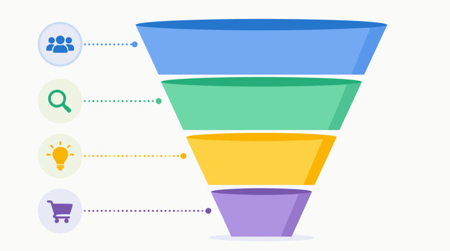 Sales funnel infographic with four narrowing stages, awareness, interest, decision and purchase, colorful icons and dotted callouts for marketing strategy, conversion analytics and customer journey