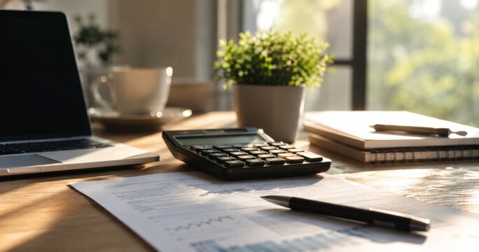 Financial planning workspace with calculator laptop and business documents on modern office desk in natural sunlight