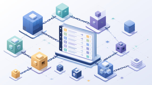 Isometric blockchain network with linked cubes, distributed ledger dashboard and crypto transaction chains, secure fintech vector illustration for decentralized digital finance systems
