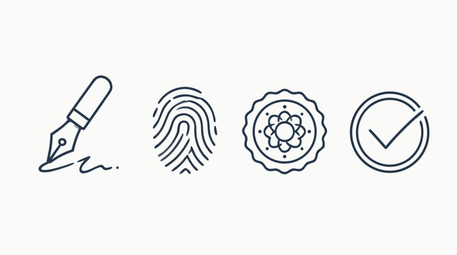 Digital signature line icon set with signing pen, biometric fingerprint, official seal and verified check badge, clean editable stroke vector for authentication, approval and secure documents