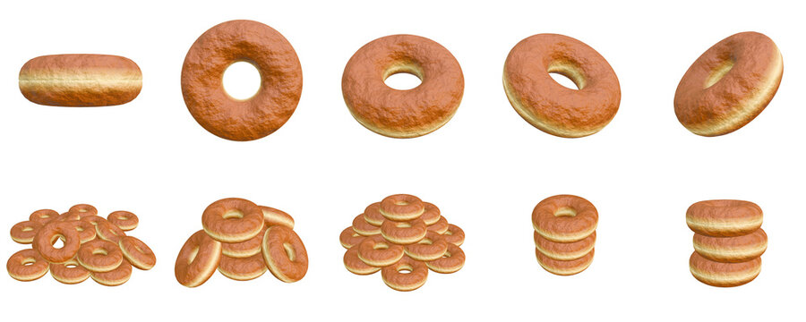 Collection of 3D realistic plain donuts from different angles and positions.