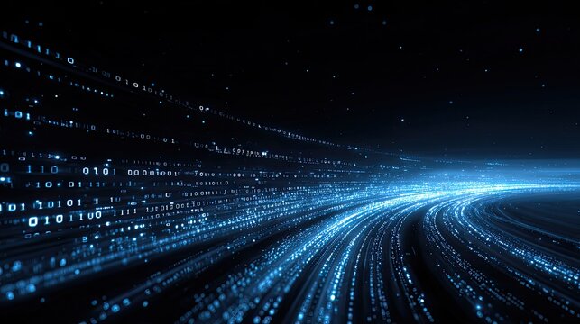 Digital stream of glowing binary code and light particles on a dark background