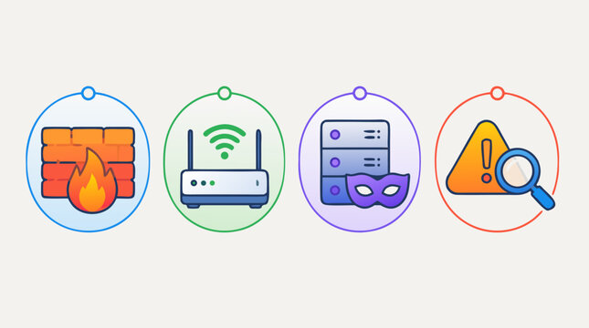 Colorful rounded line icon set for network security layers, firewall protection, wireless gateway, proxy server masking and intrusion detection alerts in editable stroke vector style for secure apps