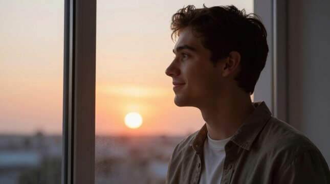 Young man gazing at sunset through apartment window