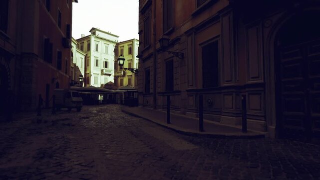 Sunny alleyway scene. Bright street with textured stones. Narrow sundrenched street showcasing detailed cobblestone surfaces and distant buildings