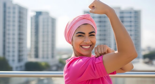 Woman flexing arm muscles wearing a pink headscarf in an urban city setting with joyful mood