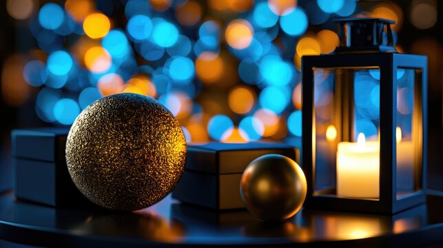 Festive sphere, lantern, and gifts with bokeh lights