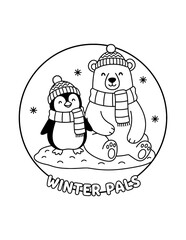 Penguin and Polar Bear Coloring Page for Kids. Simple Arctic Animals Outline Illustration for Children. © Salma