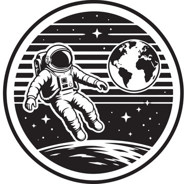 Astronaut Illustration Floating in Space with Earth Vector Emblem
