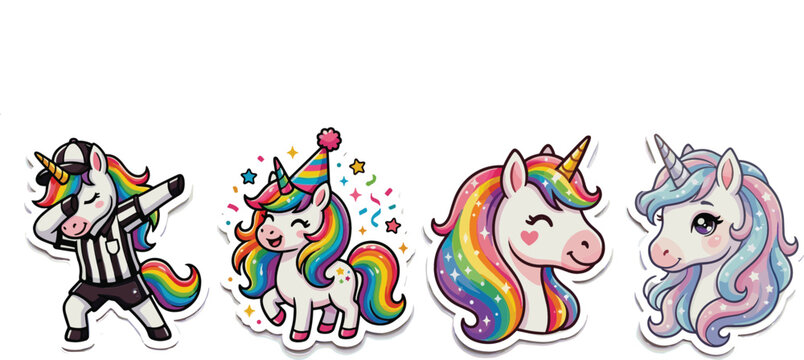 Cute Rainbow Unicorn Sticker Bundle Featuring Dabbing Referee Unicorn, Party Hat Birthday Character, and Magical Glittery Pastel Fantasy Heads for Kids Graphic Designs