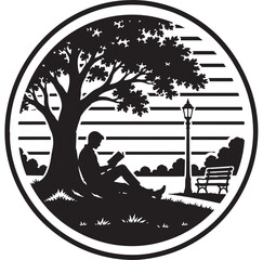 Man Reading Under Tree Silhouette Park Scene Illustration