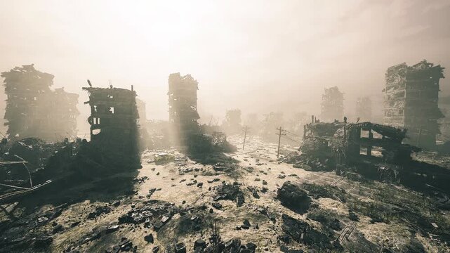 sunrise over ruined urban sprawl, wetlands and marsh reclaiming concrete, soft mist rising from flooded courtyards, scattered relics and green shoots signaling