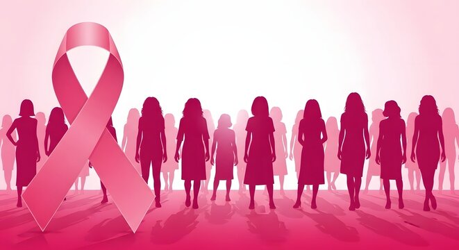 Group of women standing together with a large pink ribbon symbol in a bright minimalist setting