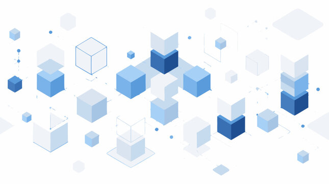 Blockchain inspired vector background with abstract digital cubes, stacked blocks, dotted network paths and isometric geometry illustrating distributed ledger technology and secure data systems