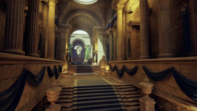 ornate stone hall with grand staircase, ambient golden light, blue drapery, floral arrangements along aisle, marble columns and vaulted skylight creating