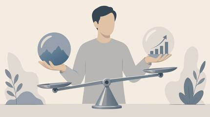 Fototapeta premium Faceless financial advisor vector balancing risk and reward glass orbs on a tilting scale, illustrating investment tradeoffs, strategic growth, uncertainty and portfolio decisions concept
