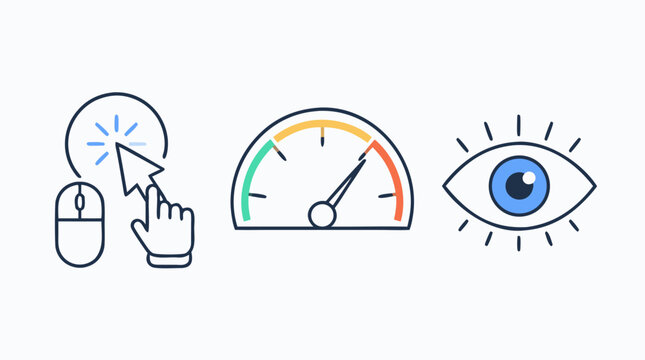 Pay per click campaign editable stroke icon vector showing cursor tap, budget performance gauge and eye impression symbol for PPC advertising, conversion tracking and ROI analytics