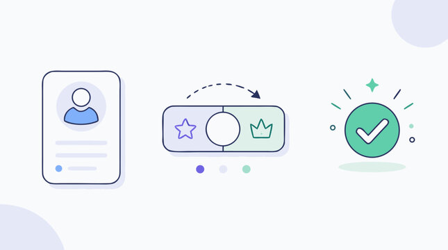 Modern subscription and membership form vector cards with profile account panel, plan selection toggle, premium tier icons and confirmed check badge in editable stroke style for SaaS onboarding