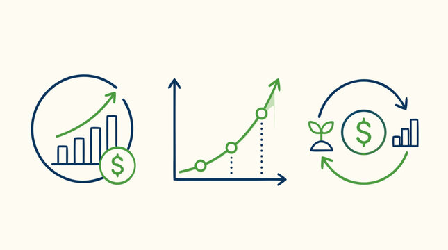Minimalist compound interest line icon set showing rising bars, exponential growth curve, reinvestment cycle, sprout money symbol and profit arrows, editable stroke finance vector bundle