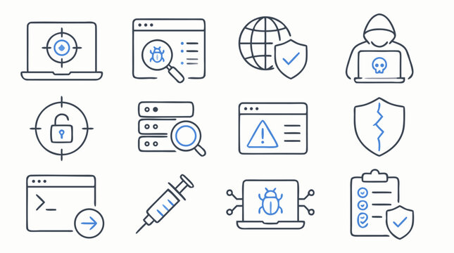 Cybersecurity penetration testing line icon set with vulnerability scanning, exploit injection, hacker laptop, shield checks, cracked defense, audit checklist and terminal access symbols